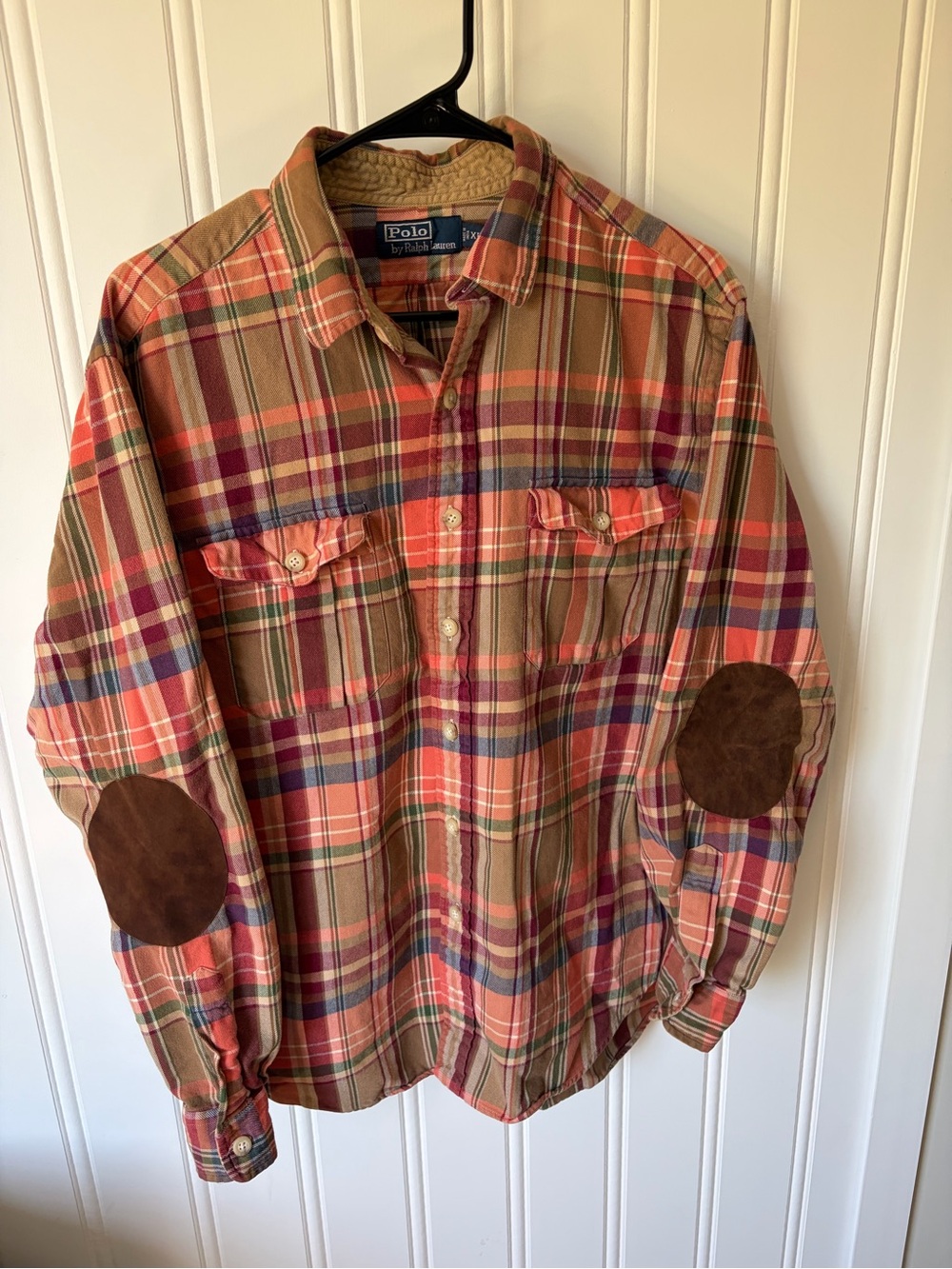 Vintage Polo Ralph Lauren Country Plaid Mens Flannel SZ XL Suede Elbow Patches